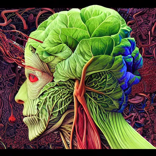 Image similar to the anatomy of a head of lettuce, an ultrafine detailed painting by james jean, intricate linework, bright colors, final fantasy, behance contest winner, vanitas, angular, altermodern, unreal engine, global illumination, radiant light, detailed and intricate environment