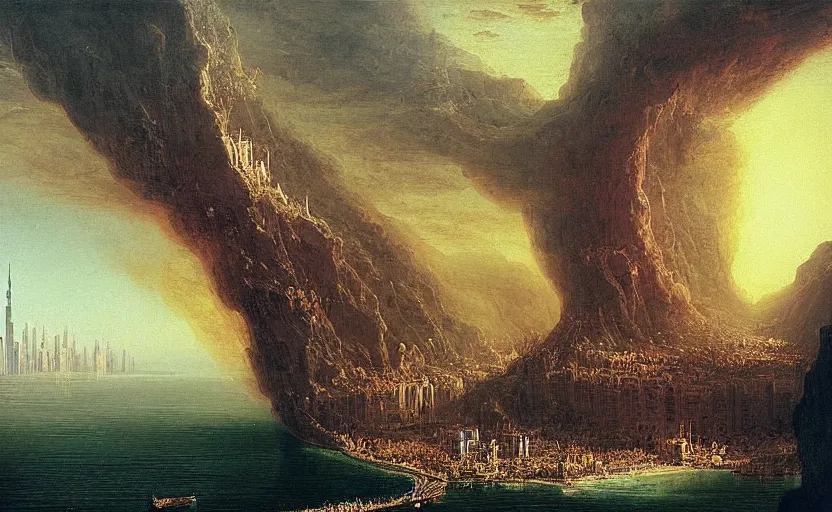 Prompt: “ the fall of dubai, in the style of thomas cole ”