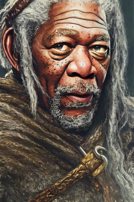 Prompt: morgan freeman starring as gimli in lord of the rings, oil on canvas, intricate, 8 k highly professionally detailed, hdr, cgsociety