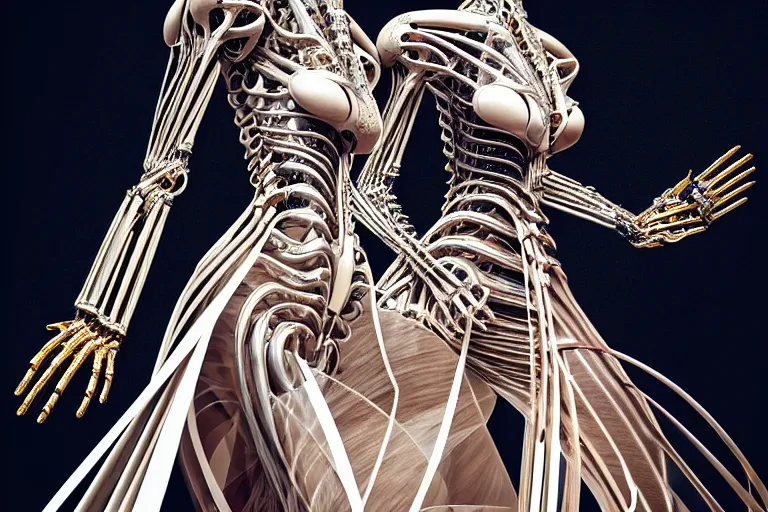 Image similar to walking down the catwalk, stage, podium, vogue, fashion show photo, iris van herpen baroque dress, beautiful woman, perfect body, full body shot, masterpiece, guyver, biomechanical details, space station, artstation