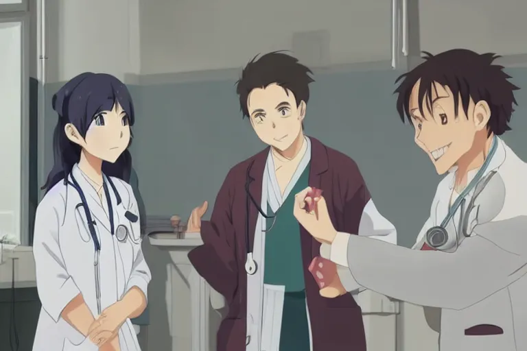 Image similar to a cute young female doctor wearing white coat are talking with an old surgeon in a hospital, slice of life anime, lighting, anime scenery by Makoto shinkai