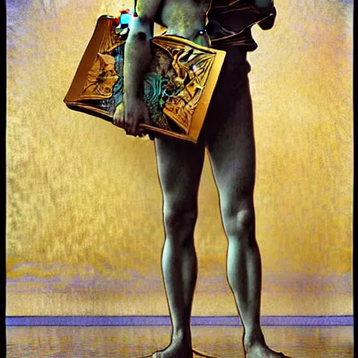 Image similar to realistic extremely detailed portrait painting of. an average. man with his. briefcase .in his. left hand . by Jean Delville, Amano, Yves Tanguy, Alphonse Mucha, Ernst Haeckel, Edward Robert Hughes, Roger Dean, pale muted pastel moody colors, gold eyes