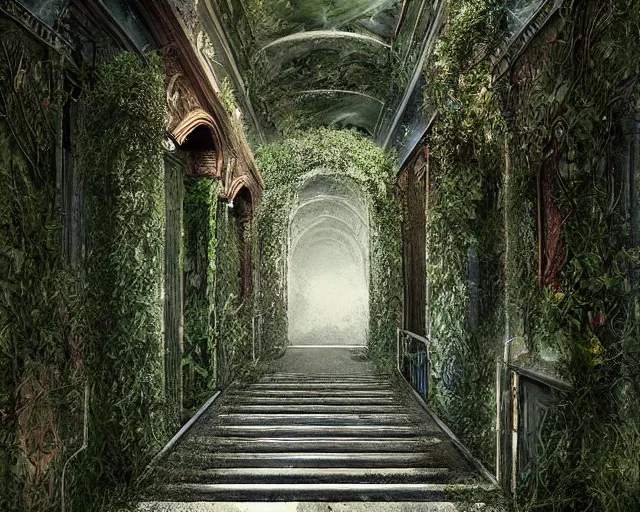 Image similar to Overgrown hallway, immaculate scale, matte painting, digital art, trending on Artstation, hyper-realistic, detailed, ultra detailed