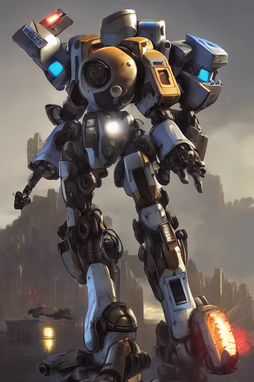 Image similar to mechwarrior 5 : mercenaries mech megaman transformer robot boss tank engine game octane render, 4 k, hd 2 0 2 2 3 d cgi rtx hdr style chrome reflexion glow fanart, global illumination ray tracing hdr fanart arstation by ian pesty by jesper ejsing pixar and disney unreal zbrush central hardmesh