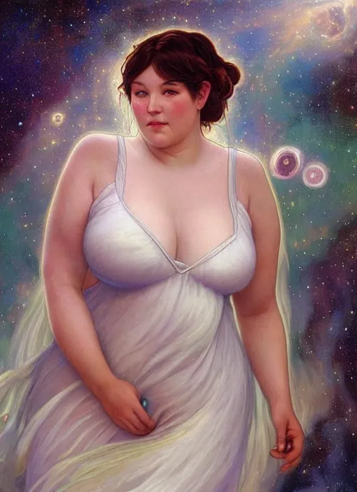 Image similar to a chubby woman with pointed ears, wearing a white sundress, and a swirling sparkling cloud galaxy nebula for hair, realistic painting by ross tran and gerald brom and alphonse mucha, artgerm, trending on artstation