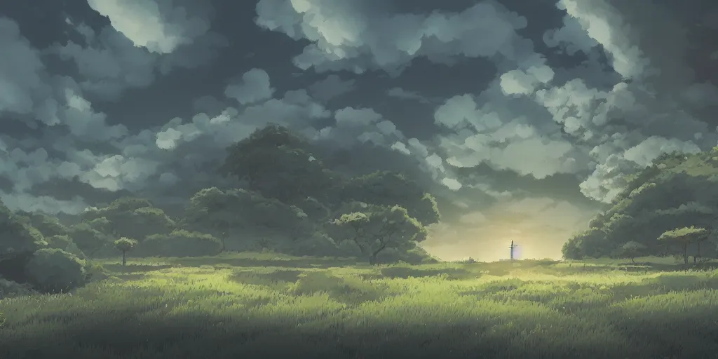 Image similar to landscape, no people, Ghibli, Anime Background, Miyazaki Hayao, concept art, illustration,smooth, sharp focus, intricate, super wide angle, trending on artstation, trending on deviantart, 4K