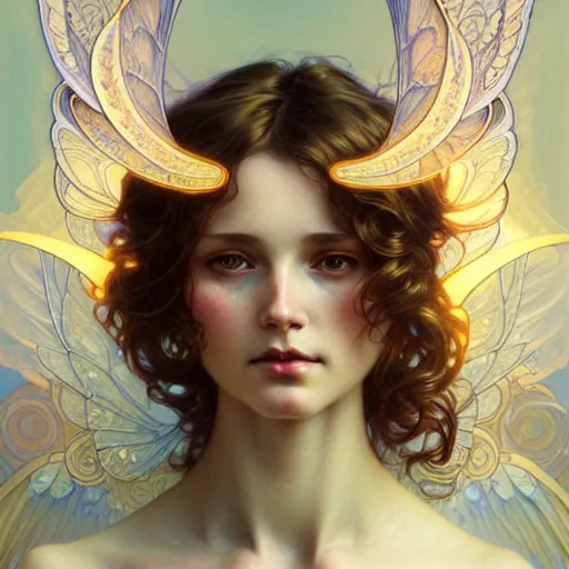 Image similar to Portrait of an angel girl with glowing halo and highly detailed intricate wings, art nouveau, fantasy, intricate, elegant, highly detailed, digital painting, artstation, concept art, smooth, sharp focus, illustration, art by Krenz Cushart and Artem Demura and alphonse mucha