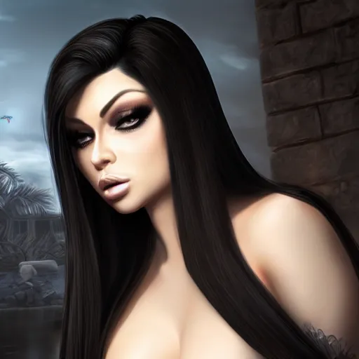 Image similar to portait princess haifa wehbe, centred, very long hair, hd, unreal engine, art digital painting, final fantasy style, amazing background theme