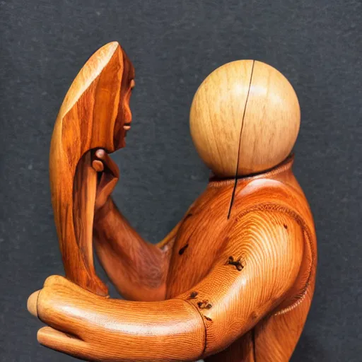 Prompt: wooden sculpture of an astronaut catching salmon, polished maple, thoughtful, elegant, real