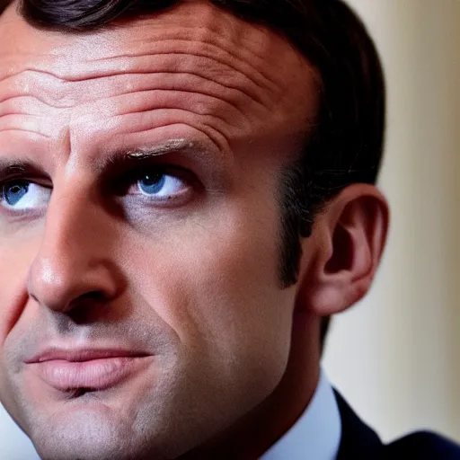 Image similar to Emmanuel Macron with pimples on the face, spots, scabs, crust, lots of pimples