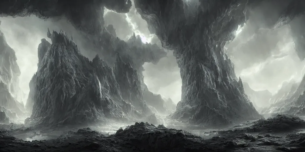 Prompt: a highly detailed matte painting of a fantastical underground world with plasma lightning and clouds, colossal stalagmite and stalactite columns stretching from the sea to the top of the cavern, ominous, foreboding, moody, hyperdetailed, 8 k hd, concept art, artstation, deviantart, cg society,