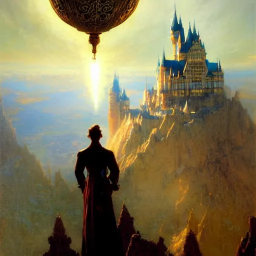 Image similar to stunning male master wizard magically levitating a huge castle in the air, highly detailed painting by gaston bussiere, craig mullins, j. c. leyendecker, 8 k