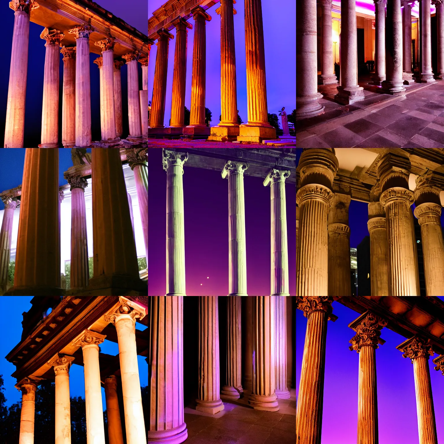 Prompt: roman columns, extremely moody purple lighting at night