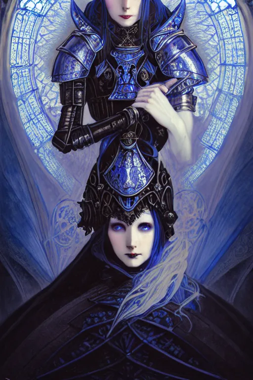 Image similar to beautiful luxury and gothic and victorian and evil medieval female blue & white color armor knight portrait+smoky eyes+light flowing hair, in ruin gothic cathedral, ultradetail face, art and illustration by tian zi and craig mullins and WLOP and alphonse mucha, fantasy, intricate complexity, human structure, fantasy world concept, watermark, blurry, hyperrealism 8k