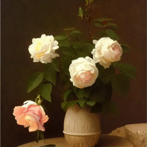 Prompt: A highly detailed and realistic rose, flourished, French Renaissance painting, still life, 4K, oil painting on canvas. By William Adolphe Bouguereau and Barret Frymire