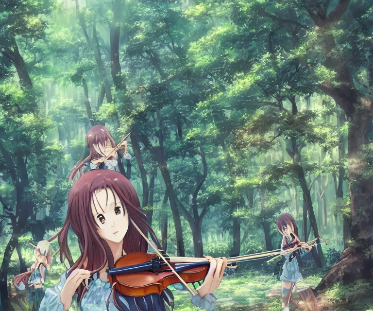Image similar to violin in a forest, anime fantasy illustration by tomoyuki yamasaki, kyoto studio, madhouse, ufotable, comixwave films, trending on artstation