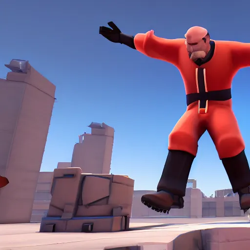Prompt: team fortress 2 Heavy t-posing on the enemy Medic after killing the enemy Soldier, tf2 in-engine render