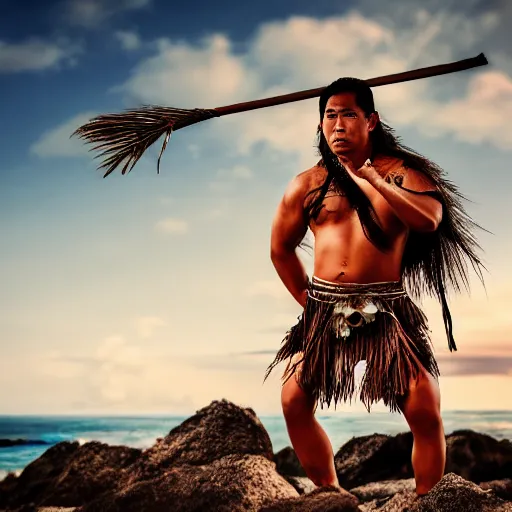 Image similar to a pacific islander warrior on a canoue, 4 k, hyper realistic, dslr, high resolution, landscape, beautiful