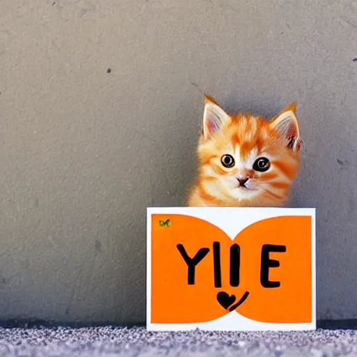 Image similar to cute fluffy orange tabby kitten with a sign that says