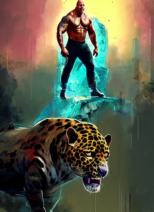 Image similar to dwayne johnson as jaguar god, by ismail inceoglu