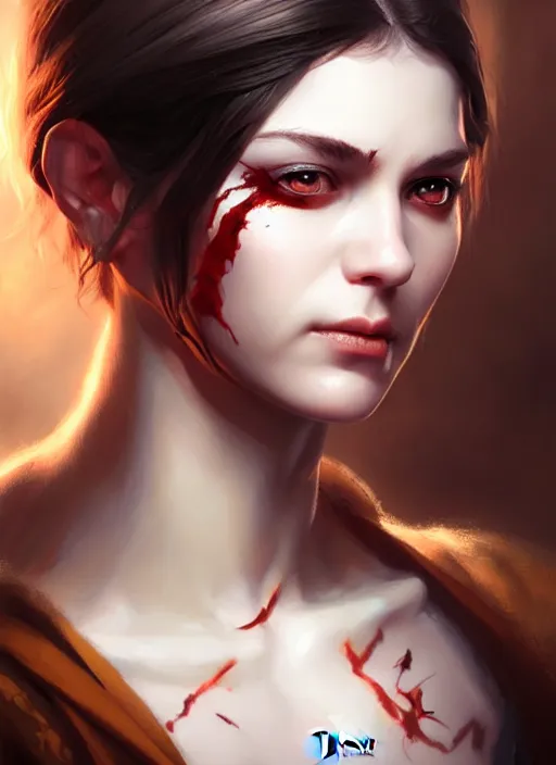 Image similar to a _ fantasy _ style _ portrait _ painting _ of female with scar under left eye, holy oil _ painting _ unreal _ 5 _ daz. _ rpg _ portrait _ extremely _ detailed _ artgerm _ greg _ rutkowski _ greg