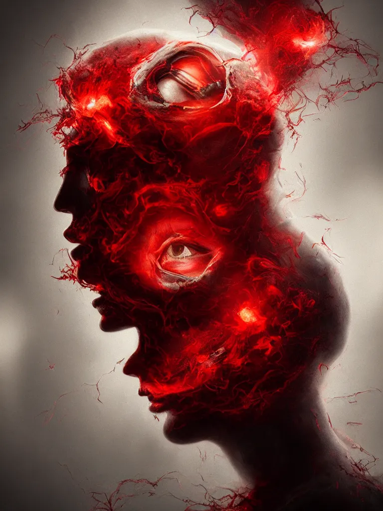 Prompt: queen's head is a smoke sphere, symbolic art by cameron gray and greg rutkowski, red torn fabric, black stars and red smoke, trending on artstation, rendered in unreal engine, cgsociety, 8 k, sharp details, uhd