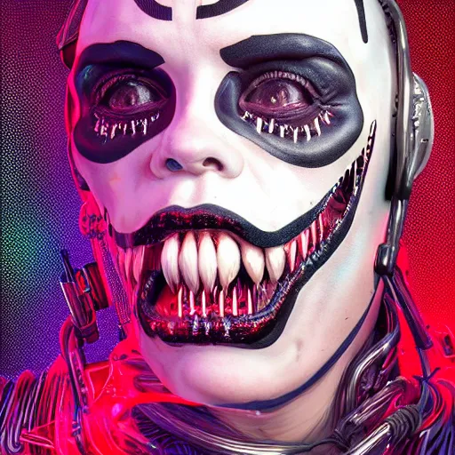 Prompt: portrait of a Gene Simmons full kiss makeup. intricate abstract. cyberpunk, vhs glitch. full face broken helmet. intricate artwork. nightmare fuel. terrifying. empty oxygen tank. by Tooth Wu, wlop, beeple, dan mumford. octane render, trending on artstation, greg rutkowski very coherent symmetrical artwork. cinematic, hyper realism, high detail, octane render, 8k, iridescent accents, black and white