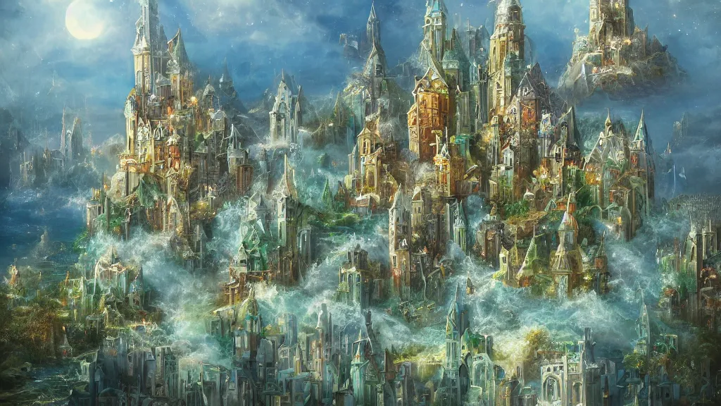 Prompt: fantasy floating city made of crystals sapphires jade and crystals, medieval, cinematic, architecture visualisation, academic painting, oil, landscaoe