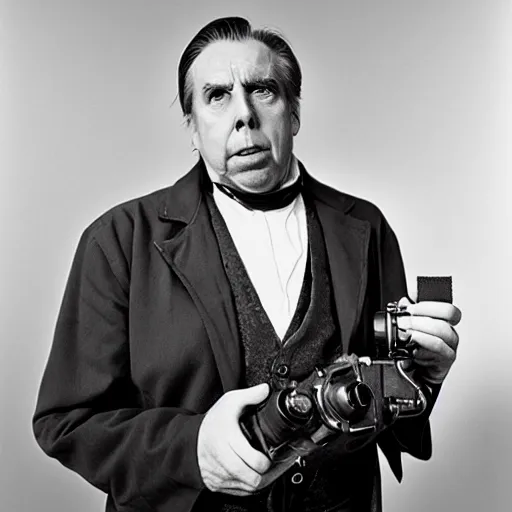 Image similar to Timothy Spall as Simon Graham (The Last Samurai) holding an old-fashioned camera from the 1800's, studio photograph