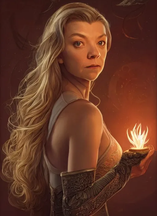 Image similar to Natalie Dormer as Margaery Tyrell as a ruggedly handsome heroine kneeling next to a glowing artifact lodged in shallow water, intricate, elegant, highly detailed, artstation, concept art, smooth, sharp focus, illustration, art by artgerm and donato giancola and Joseph Christian Leyendecker, WLOP, fireflies