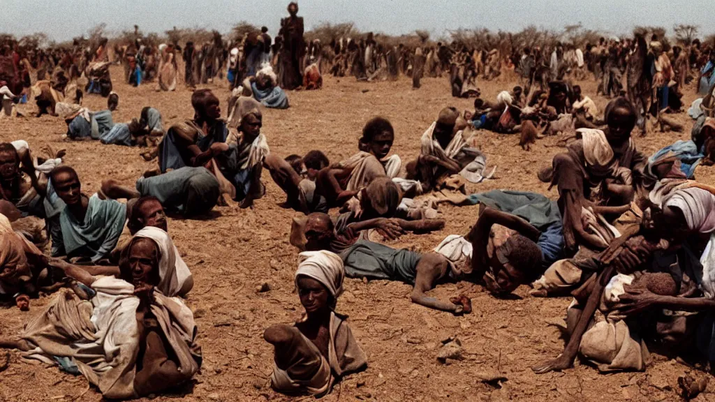 Prompt: 1984 Ethiopian famine and drought as seen on television, large-format photography, movie scene, illustrative, hd, 4k