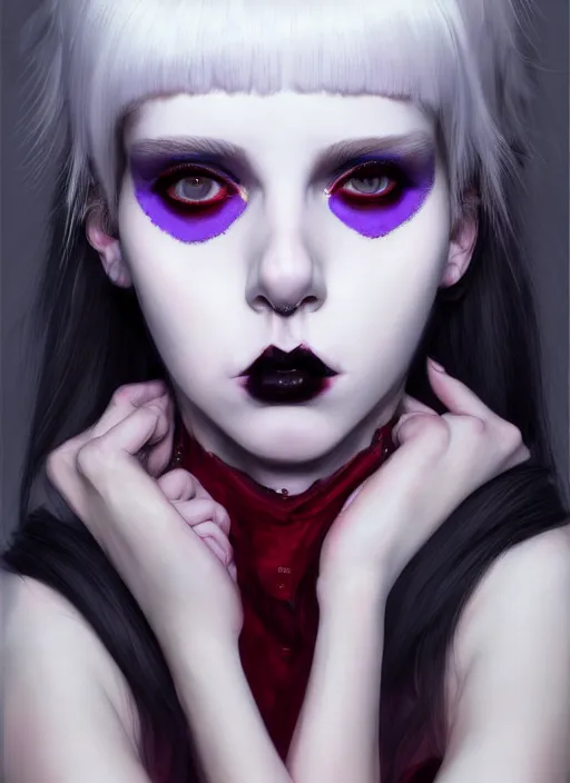 Image similar to portrait of white teenage girl, normal face, white bangs, mall goth, cyberlox, black and white hair, bangs, fluffy bangs, red contact lenses, purple lipstick, intricate, elegant, highly detailed, digital painting, artstation, concept art, sharp focus, smooth, illustration, art by wlop, mars ravelo and greg rutkowski