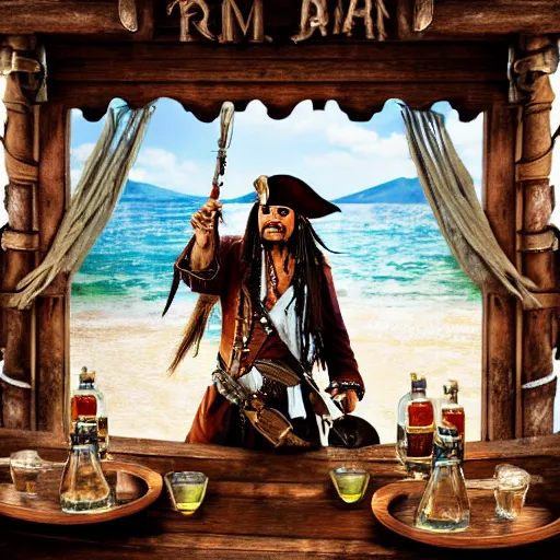 Image similar to jack sparrow drinks rum from bottle at the deck of pirate ship, focus, 3 d illustration, sharp, intricate, poster,, photo, detailed photo, scene from pirates of caribbean