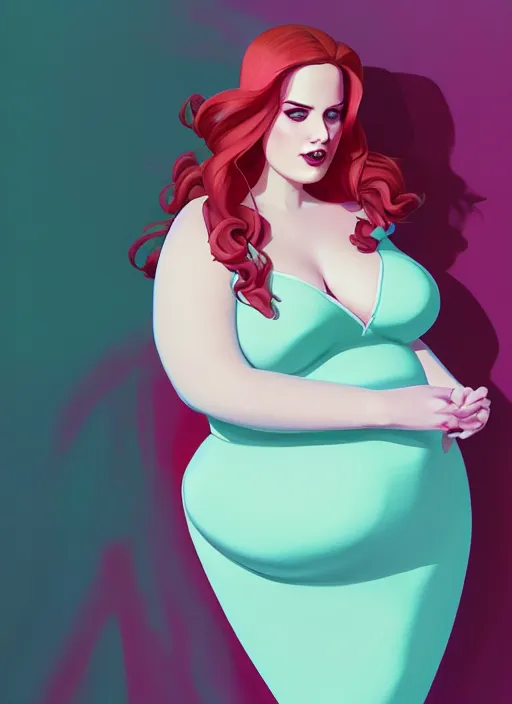 Image similar to full body portrait of teenage cheryl blossom, obese, bangs, green eyes, sultry, realistic, red hair, sultry smirk, wavy hair, pink skirt, fat, intricate, elegant, glowing lights, highly detailed, digital painting, artstation, concept art, smooth, sharp focus, illustration, art by wlop, mars ravelo and greg rutkowski