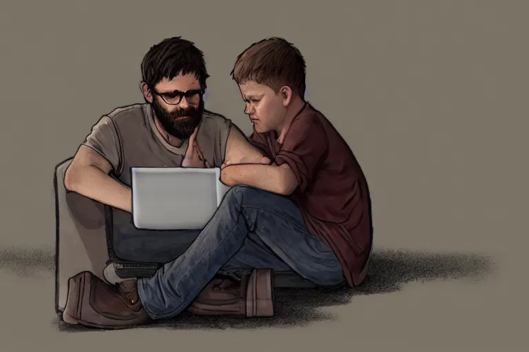 Image similar to hangover man sitting with laptop and sad crying kid staying near the man. high detail, trending on artstation