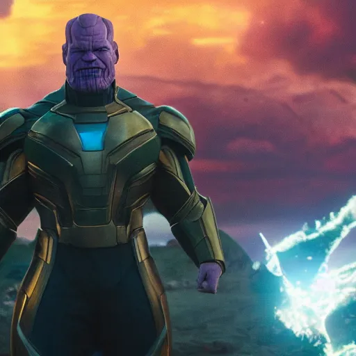 Image similar to Bryan Cranston as Thanos, HD promotional screenshot from new Avengers film, 8k ultra realistic, Marvel animation