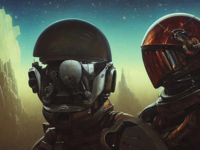 Image similar to a detailed profile oil painting of a lone shock trooper in a space armour and visor, cinematic sci-fi poster. technology flight suit, bounty hunter portrait symmetrical and science fiction theme with lightning, aurora lighting clouds and stars by beksinski carl spitzweg and tuomas korpi. baroque elements. baroque element. intricate artwork by caravaggio. Trending on artstation. 8k