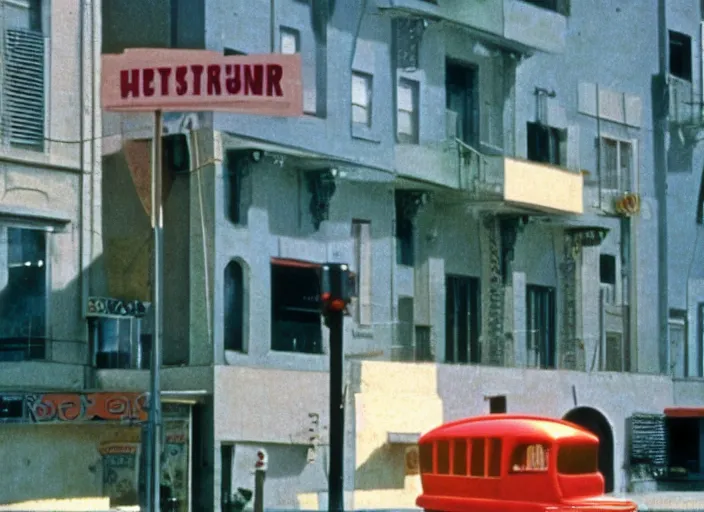 Image similar to still from a 7 0's art house movie by alejandro jodorowsky, edward hopper and chris cunningham : : outdoors scene in an urban setting : : cinestill 8 0 0 tungsten 3 5 mm, high quality, triadic color scheme