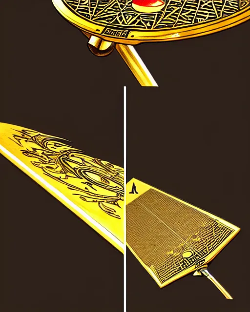 Prompt: A ping pong launcher weapon, highly detailed, intricate gold patterns, sharp focus, art by Artgerm and Greg Rutkowski and WLOP