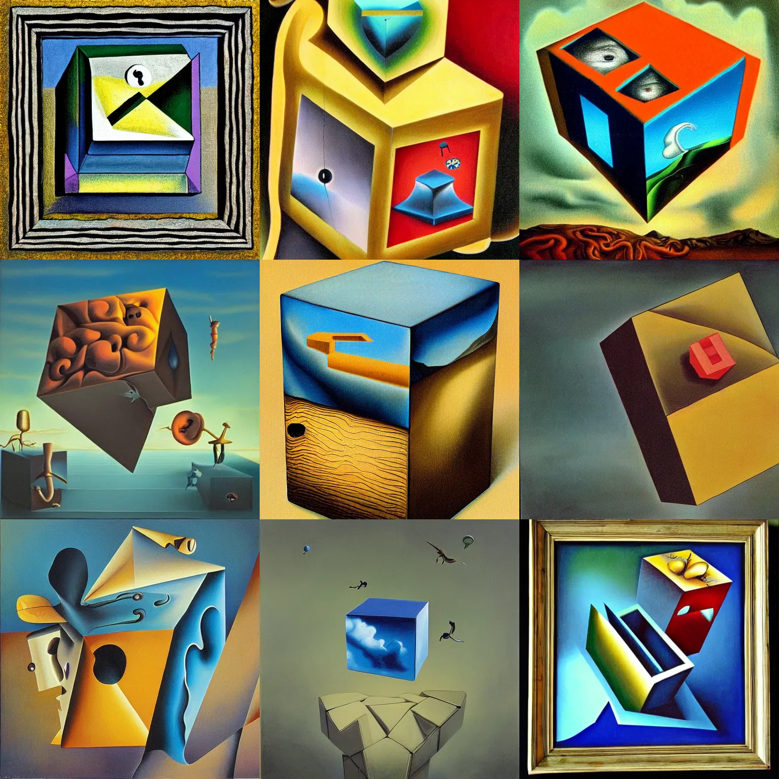 Prompt: a surrealism painting of a cube, high detail, in the style of salvador dali.