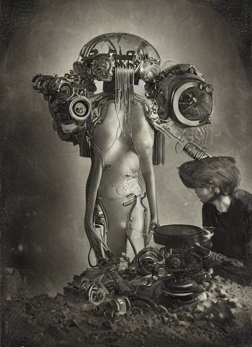 Image similar to old wetplate daguerreotype birth of a futuristic cyborg in times of eternal summoning, fractal, intricate, elegant, highly detailed, parallax, leica, medium format, subsurface scattering, by jheronimus bosch and greg rutkowski and louis jacques mande daguerre