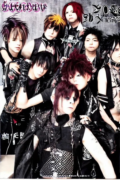 Prompt: 2 0 0 0 s visual kei band, realistic, detailed photograph, band photo, album advertisement, japanese interview, music magazine scan