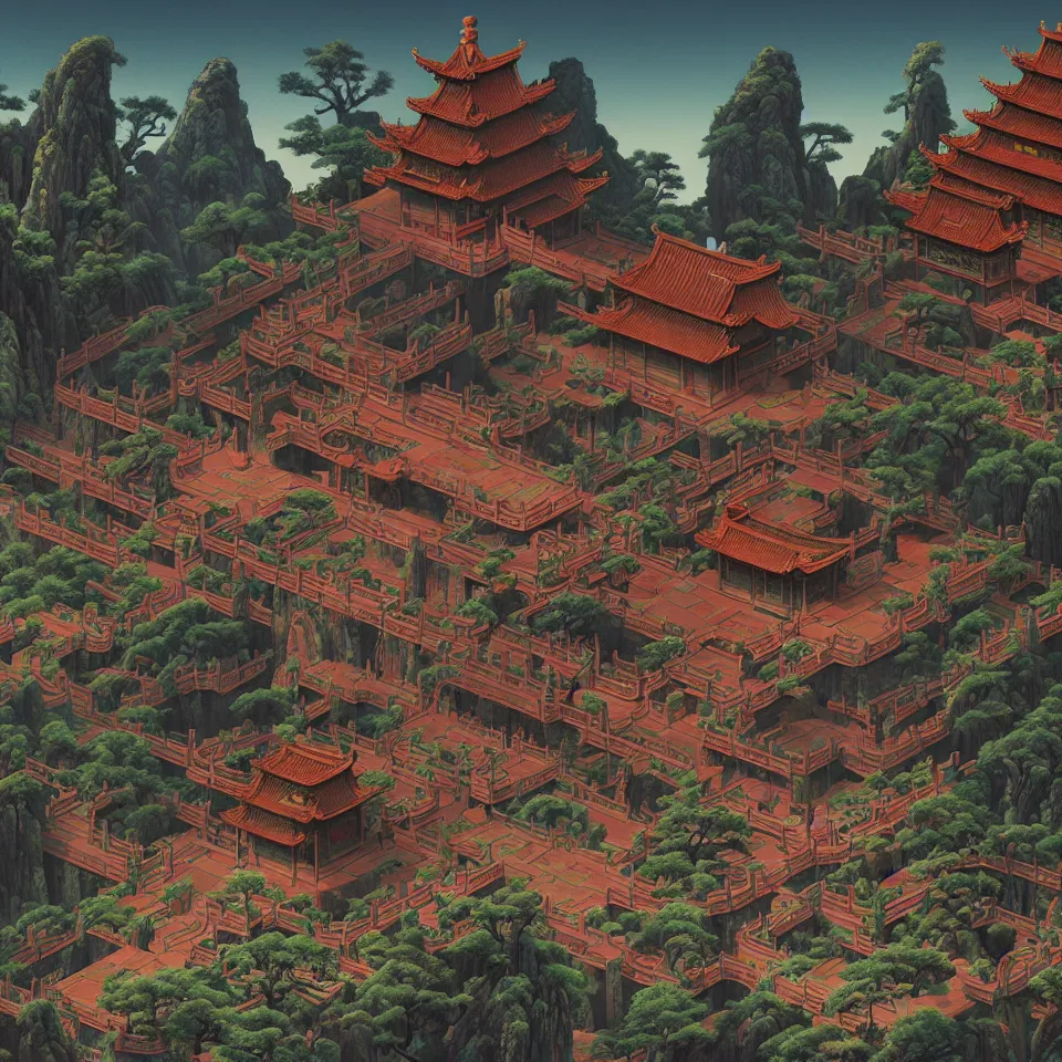 Prompt: an ancient chinese temple by paolo eleuteri serpieri and tomer hanuka and chesley bonestell and daniel merriam and tomokazu matsuyama, unreal engine, high resolution render, featured on artstation, octane, 8 k, highly intricate details, vivid colors