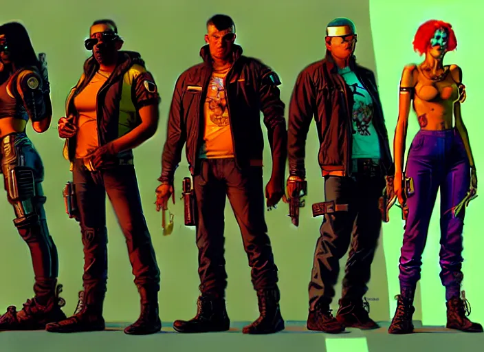 Image similar to cyberpunk gang enforcers. portrait by stonehouse and mœbius and will eisner and gil elvgren and pixar. character design. realistic proportions. cyberpunk 2 0 7 7 character art, blade runner 2 0 4 9 concept art. cel shading. attractive face. thick lines. the team. diverse characters. artstationhq.