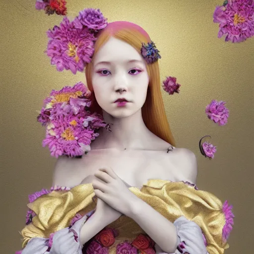 Prompt: 8k, octane render, realism, tonalism, renaissance, rococo, baroque, portrait of a young lady wearing long harajuku manga dress with flowers and skulls, background chaotic gold leaf flowers