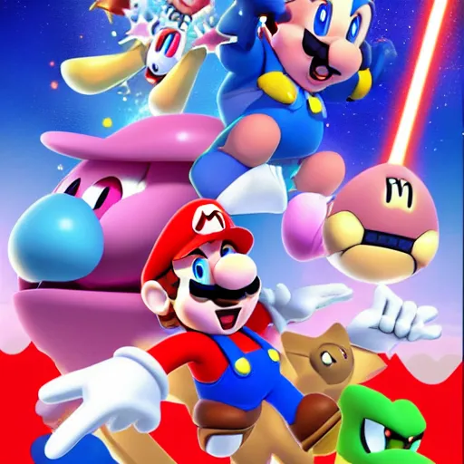 Image similar to super mario brothers and kirby super star ultra movie poster with pokemon super smash bros and princess peach star wars theme pokemon style detailed and accurate eyes