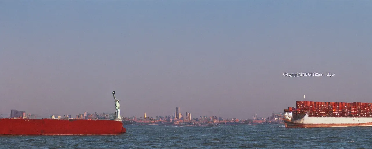 Image similar to a large ship transporting spaghetti in hudson river, background of the statute of liberty, canon 5 0 mm, photography, film, kodachrome