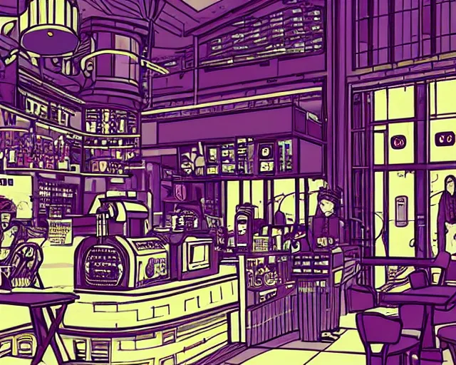Image similar to coffee shop cyberpunk in the style of george barbier