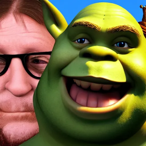 Prompt: Shaun Ryder taking a selfie with Shrek in real life, Realistic, HD Quality, 8k Resolution, Digital Art, Trending on Artstation