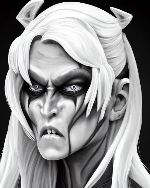 Image similar to a painting head and shoulders portrait of a villainous female Nordic alien of pure evil, made in tones of white and grey, holding a sharp weapon, insanely detailed, loony toons style, digital art, trending on artstation, isometric views, 8k